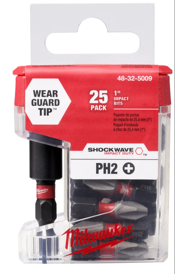 MILWAUKEE Pack de 25 puntas de impacto Phillips 1″ Shockwave 48-32-500