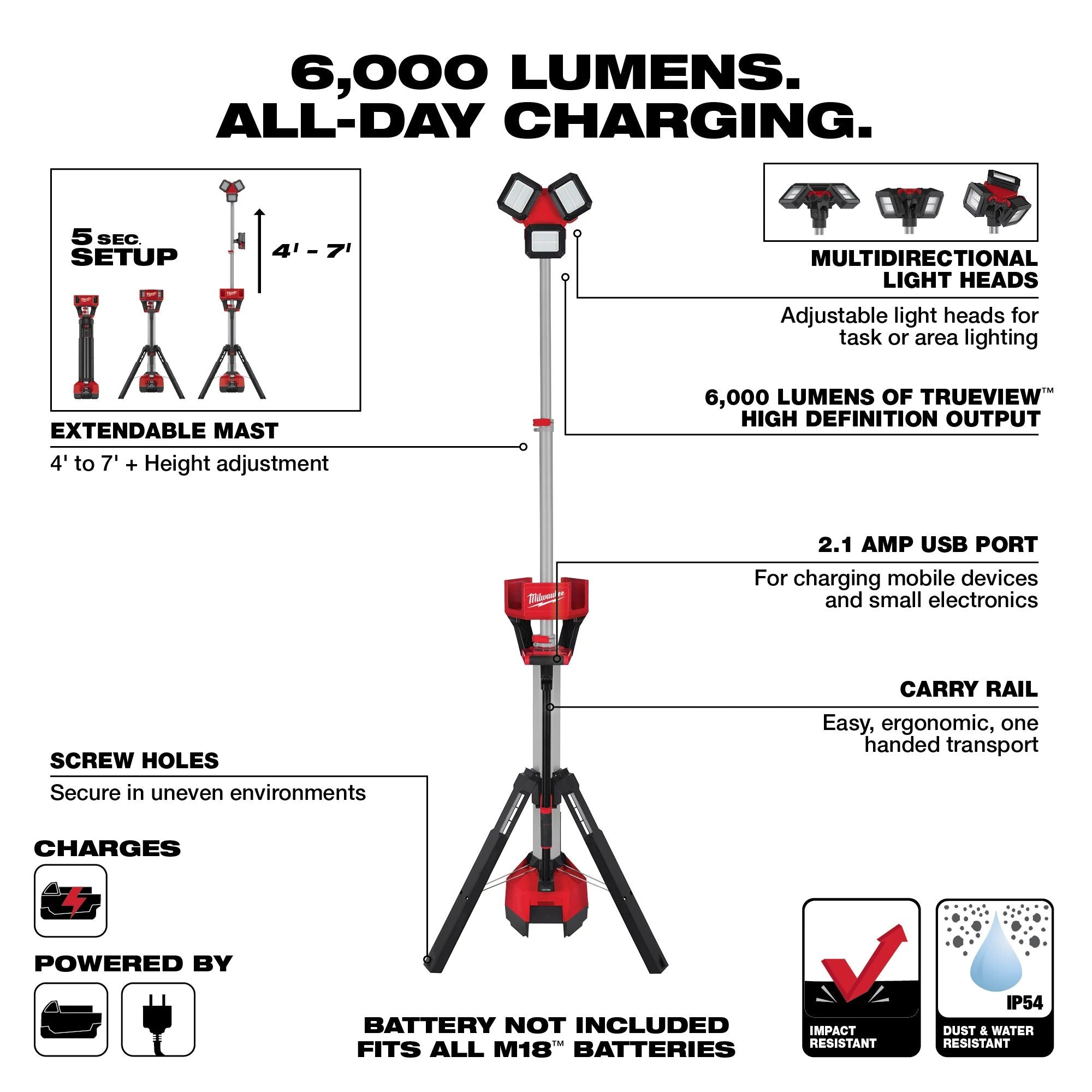 Torre luz LED M18 Rocket 6000 lùmenes Milwaukee 2136-20