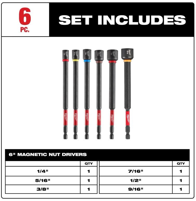 Juego de 6 destornilladores magnéticos para tuercas Shockwave de 6″ Milwaukee 49-66-4567