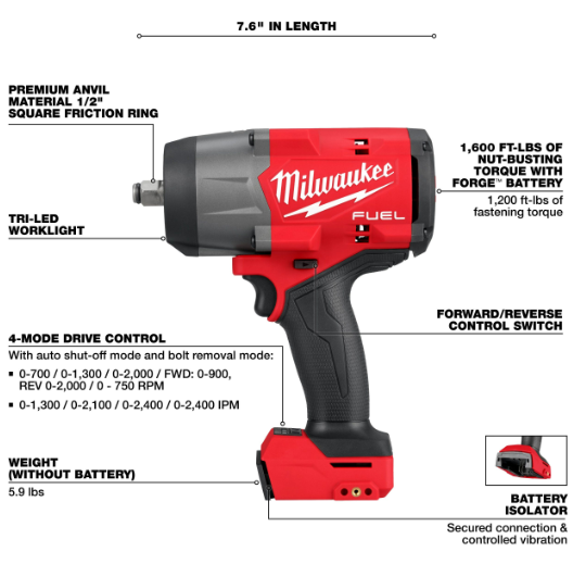 Llave de impacto de alto torque m18 Fuel de 1/2″ Milwaukee 2967-20