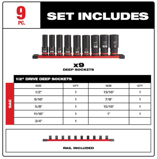 Juego dados SAE 6 puntas de 1/2″ 9 pz Milwaukee 49-66-7022