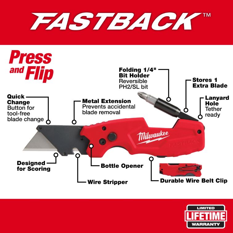 Cuchillo plegable Fastback 6 en 1 con abrebotellas Milwaukee 48-22-1505