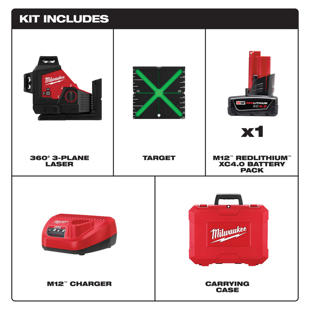 Kit nivel laser verde de 360 de 3 planos M12 Milwaukee 3632-21