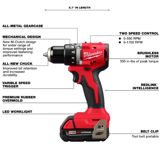 Taladro/atornillador sin escobillas M18 1/2″ 3601-21P Milwaukee