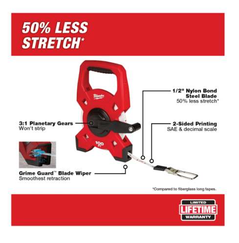 Cinta larga acero carrete abierto de 30.48mt Milwaukee 48-22-5201